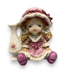 UCTCI Japan Kitsch Victorian Girl Vase Pink Bonnet Porcelain Dress Hat 4" VTG